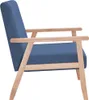 A side view of a blue fabric armchair with light wood frame. Podgląd zdjęcia produktu