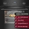A close-up view of a built-in oven with food inside, accompanied by marketing text highlighting its features. Produktbild-Vorschau