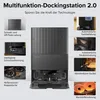 A marketing image showcasing the features of a multifunctional docking station for a robot vacuum cleaner, with close-up images illustrating specific functions. Produktbild-Vorschau