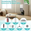 A collage showing a robot vacuum cleaner and its accessories, with a dog in the background. Voir les images du produit