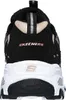 The back view of a black Skechers sneaker with white accents and gold and silver detailing. Voir les images du produit