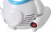 A close-up view of the side and back of a white inhaler with a blue trim and a red power switch. Produktbild-Vorschau
