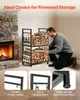 A man is placing firewood on a two-tier rack next to a fireplace. The image also includes close-up shots of the product's features. Podgląd zdjęcia produktu