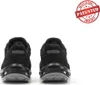 Rear view of two black safety shoes on a white background, with a 'Patented Intellectual Property' stamp in the upper right corner. Voir les images du produit