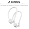 A close-up marketing image of two white ear hooks for headphones, with descriptive text about the material. Produktbild-Vorschau