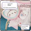 A Molang plush toy and heart-shaped pillow with rainbow accents are displayed on a chair. Náhled obrázku produktu