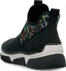 A rear view of a black ankle boot with a colorful heart pattern around the ankle. Voir les images du produit