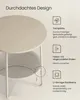 A round side table with a woven basket base, shown with feature callouts. Produktbild-Vorschau
