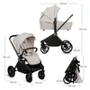 A collage of images showing a beige and black 3-in-1 stroller in different configurations and folded, with dimensions indicated. Voir les images du produit