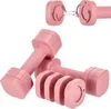 A set of pink adjustable dumbbells and their weight plates, with an inset diagram showing how the plates attach. Náhľad obrázku produktu