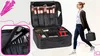 A woman is walking while carrying a makeup organizer bag. The organizer is open, showing its contents. There is also a close-up inset of the organizer's brush compartment. Náhľad obrázku produktu