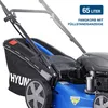 Close-up view of a blue Hyundai lawnmower with a grass catcher bag. Produktbild-Vorschau