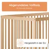 Close-up of a wooden crib with text overlays highlighting product features. Produktbild-Vorschau