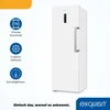 A white upright freezer is shown with feature icons and text on the left, and branding at the bottom right. Produktbild-Vorschau