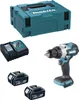 A product shot of a Makita cordless impact drill set, including the drill, two batteries, a charger, and a storage case. Produktbild-Vorschau