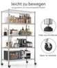 A multi-shelf metal storage rack filled with various kitchen appliances and food items, with close-up diagrams of the feet and wheels on the right side. Produktbild-Vorschau