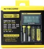 The product packaging for a Nitecore Digicharger D4 EU battery charger, showing the charger and some batteries. Podgląd zdjęcia produktu