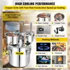 A diagram and feature callouts for a VEVOR distillation apparatus, showcasing its cooling performance and heating methods. Náhled obrázku produktu