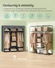 A collage showing a grey fabric wardrobe and an open metal frame wardrobe, both filled with clothing and accessories, with informational text and icons above. Anteprima dell’immagine prodotto