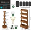 A collage of images showing a wooden vertical planter, its dimensions, included accessories, and packaging details. Produktbild-Vorschau
