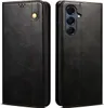 A black leather flip case for a smartphone is shown from two angles: closed and open. Produktbild-Vorschau