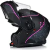 A black motorcycle helmet with pink and gray decorative patterns, shown from the side with the chin bar lifted. Náhled obrázku produktu