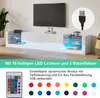 A modern white TV stand with integrated LED lighting, shown in a living room setting with a TV mounted above it. Produktbild-Vorschau