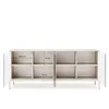 A front view of a white and beige sideboard with its doors open, showing internal shelves and dimensions. Produktbild-Vorschau