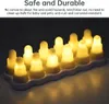 A set of LED tea lights arranged in a holder, with text overlay describing their features. Produktbild-Vorschau