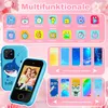 A marketing image showcasing a children's toy smartphone with various app icons and wallpaper options. Produktbild-Vorschau