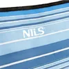 A close-up view of a blue and white striped fabric with the brand logo 'NILS' printed on it. Produktbild-Vorschau