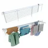 Two wall-mounted clothes drying racks, one empty and one with clothes hanging on it. Voir les images du produit