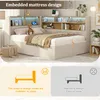 A bed with a built-in bookshelf and lighting, with a comparison of mattress designs. Náhled obrázku produktu
