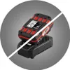 A battery and charger are shown diagonally split in a circular image. Produktbild-Vorschau