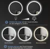Demonstration of a lighted mirror's features, showing different light colors and brightness adjustments. Produktbild-Vorschau