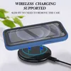 A blue iPhone case is shown on a wireless charging pad. Produktbild-Vorschau