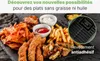 A platter of fried food, including chicken tenders, fries, and wedges, served with dipping sauces, next to a close-up of an air fryer basket. Voir les images du produit