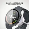 A smartwatch with a transparent protective case is shown connected to a wireless charger. Produktbild-Vorschau