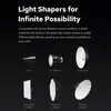 A dark background with text and images of various light shaping accessories for photography equipment. Produktbild-Vorschau