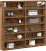 A wooden display shelf with various decorative items on its shelves. Náhled obrázku produktu