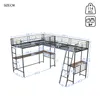 A diagram of a bunk bed with a desk, showing dimensions. Voir les images du produit