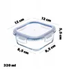 A square glass food storage container with a blue lid, shown with dimensions indicated by text overlays. Anteprima dell’immagine prodotto