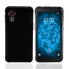 A black phone case is shown from the back and front, with the phone screen displaying the time and date. Produktbild-Vorschau