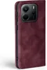A close-up side view of a burgundy flip phone case for a Xiaomi Redmi Note 14. Produktbild-Vorschau