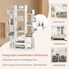 A collage showing a white tree-shaped bookshelf with various decorative items, and three smaller images of rooms (living room, bedroom, office) where the bookshelf could be placed. Podgląd zdjęcia produktu