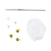 A flat lay of crochet supplies including a crochet hook, a ball of white yarn, white beads, and gold jingle bells. Náhľad obrázku produktu