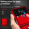 A hand holding a red phone case with a sliding camera cover. Produktbild-Vorschau