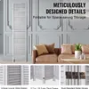 A room divider is shown standing upright in a living room setting, with a sofa and decorative wall paneling in the background. Smaller inset images highlight design details. Anteprima dell’immagine prodotto