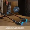 A person is holding a cordless vacuum cleaner, with two vacuum cleaner wands shown on the floor, highlighting their flexibility and features. Produktbild-Vorschau