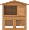 A wooden rabbit hutch with multiple doors and wire mesh windows, presented against a white background. Náhled obrázku produktu